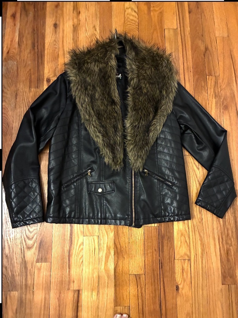 Womens Black Faux Leather Jacket with Removable Brown Faux-Fur Shawl Collar